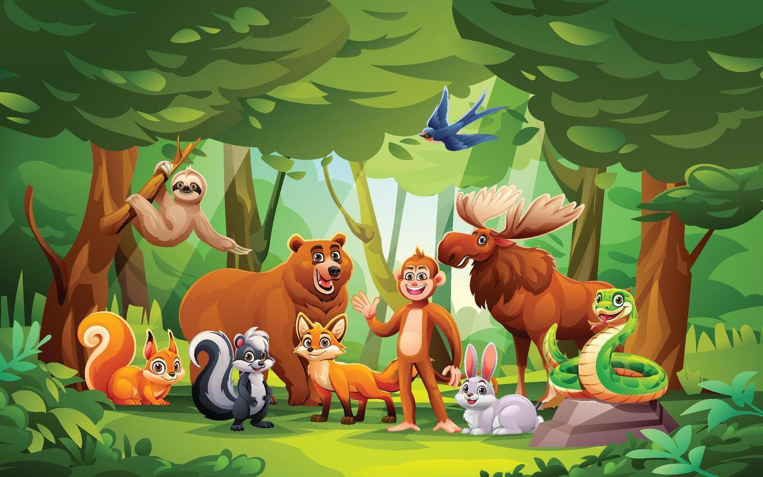 Lively forest with animals like bear, moose, monkey, snake, and more. Cartoon illustration vector