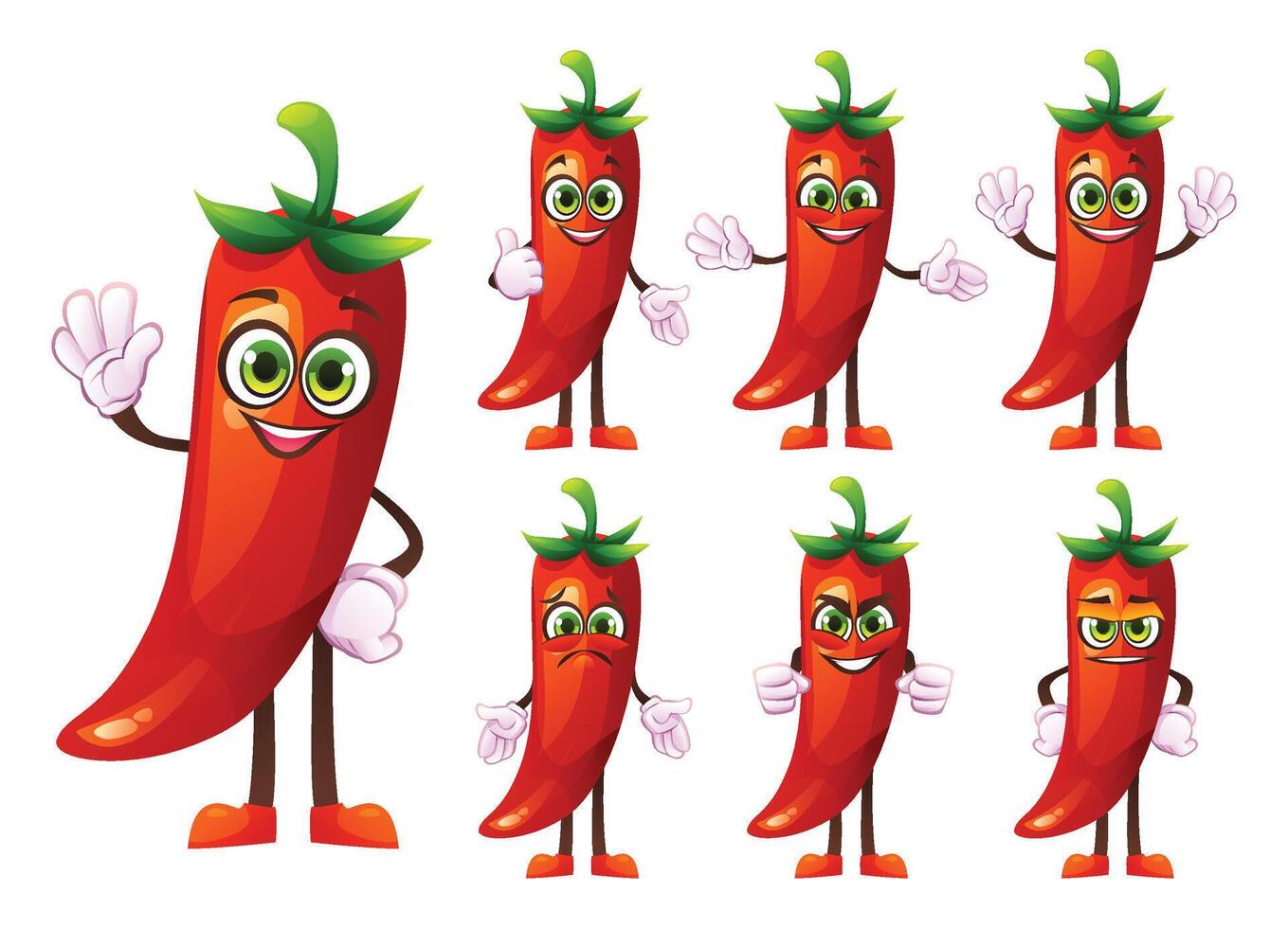 Set of cartoon chili pepper characters with various expressions and hand gestures. Illustration vector