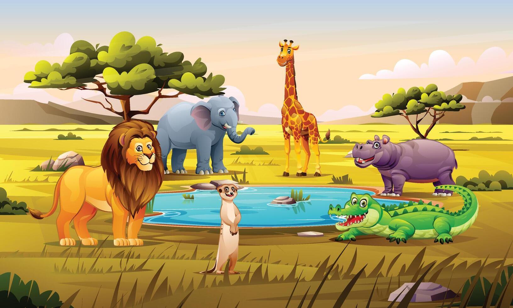 A lion, elephant, giraffe, meerkat, hippopotamus, and crocodile gather around a watering hole. Cartoon illustration vector