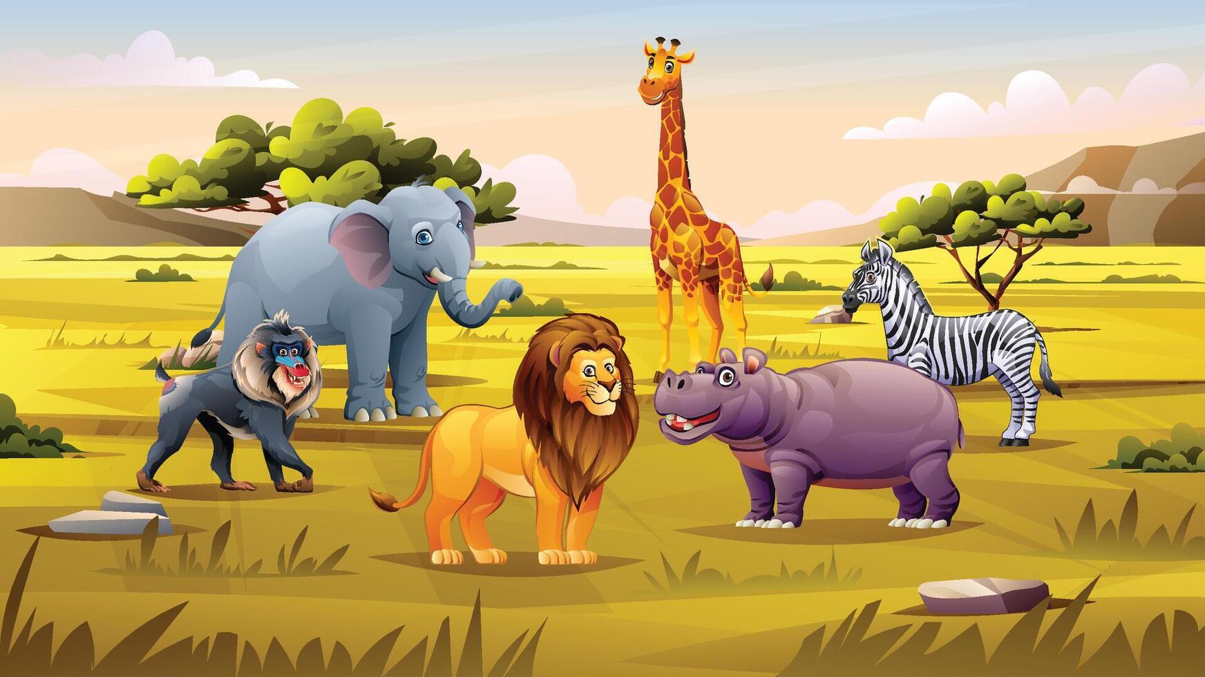 A group of animals including lion, hippo, giraffe, and elephant in the savanna under a clear sky. Cartoon illustration vector