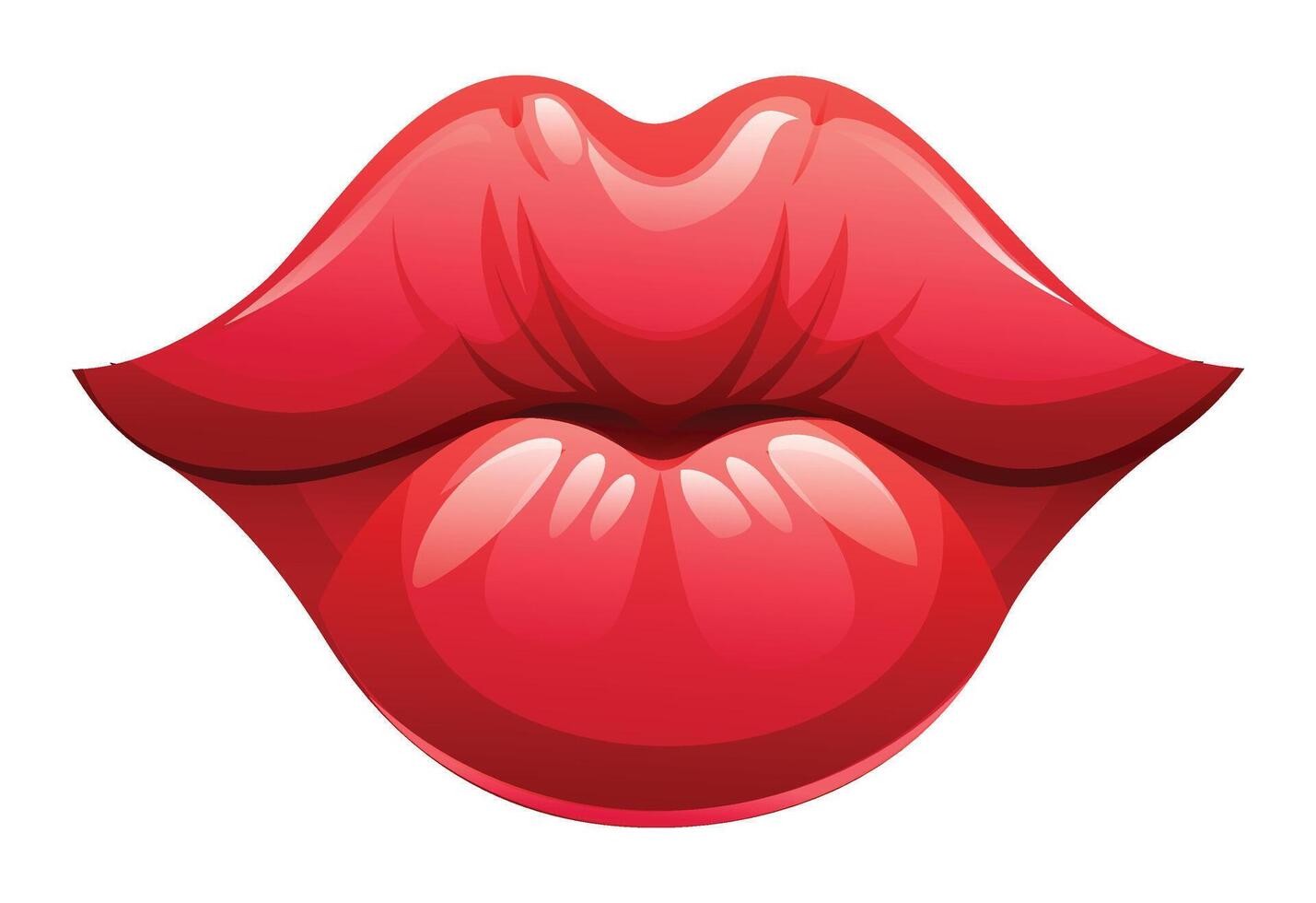 Glossy red lips with shiny, showing a close up view of a kiss, plump appearance. Cartoon illustration vector