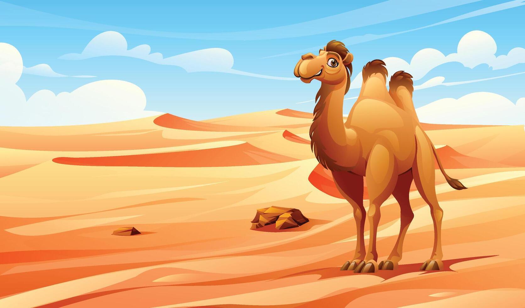 A camel in the desert landscape with rolling dunes and clear sky. Cartoon illustration vector