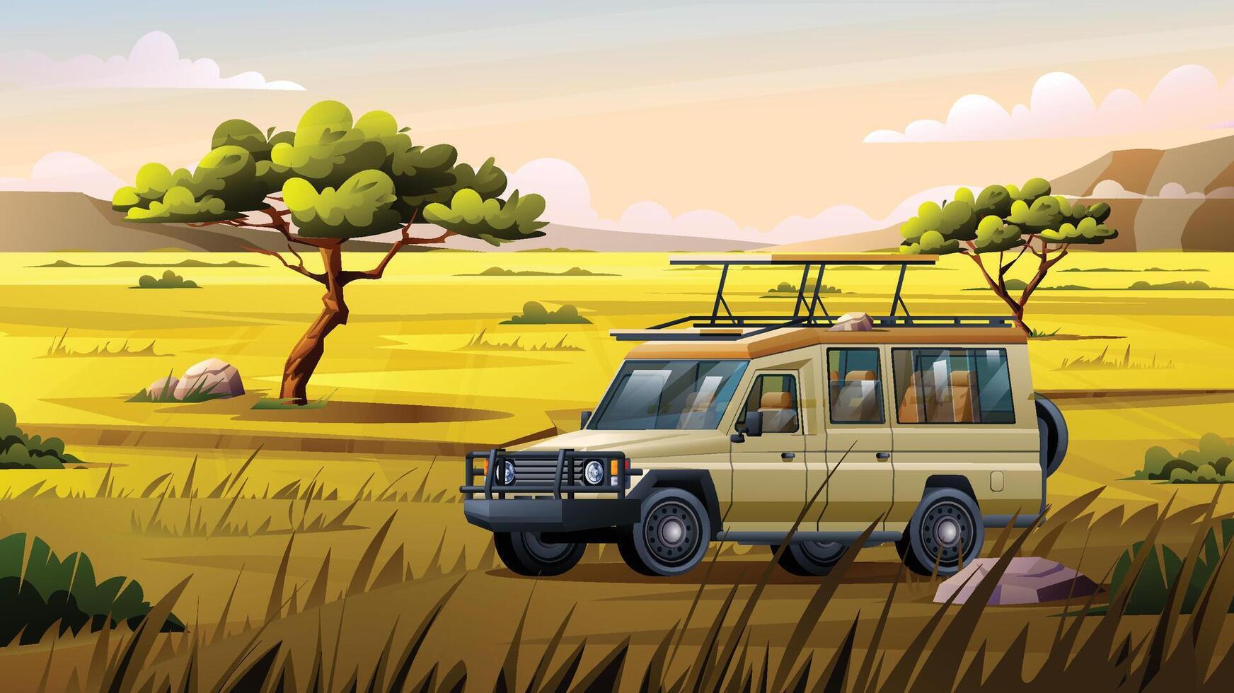 Safari vehicle parked in the vast savanna landscape with trees, rocks, and open fields. Cartoon illustration vector