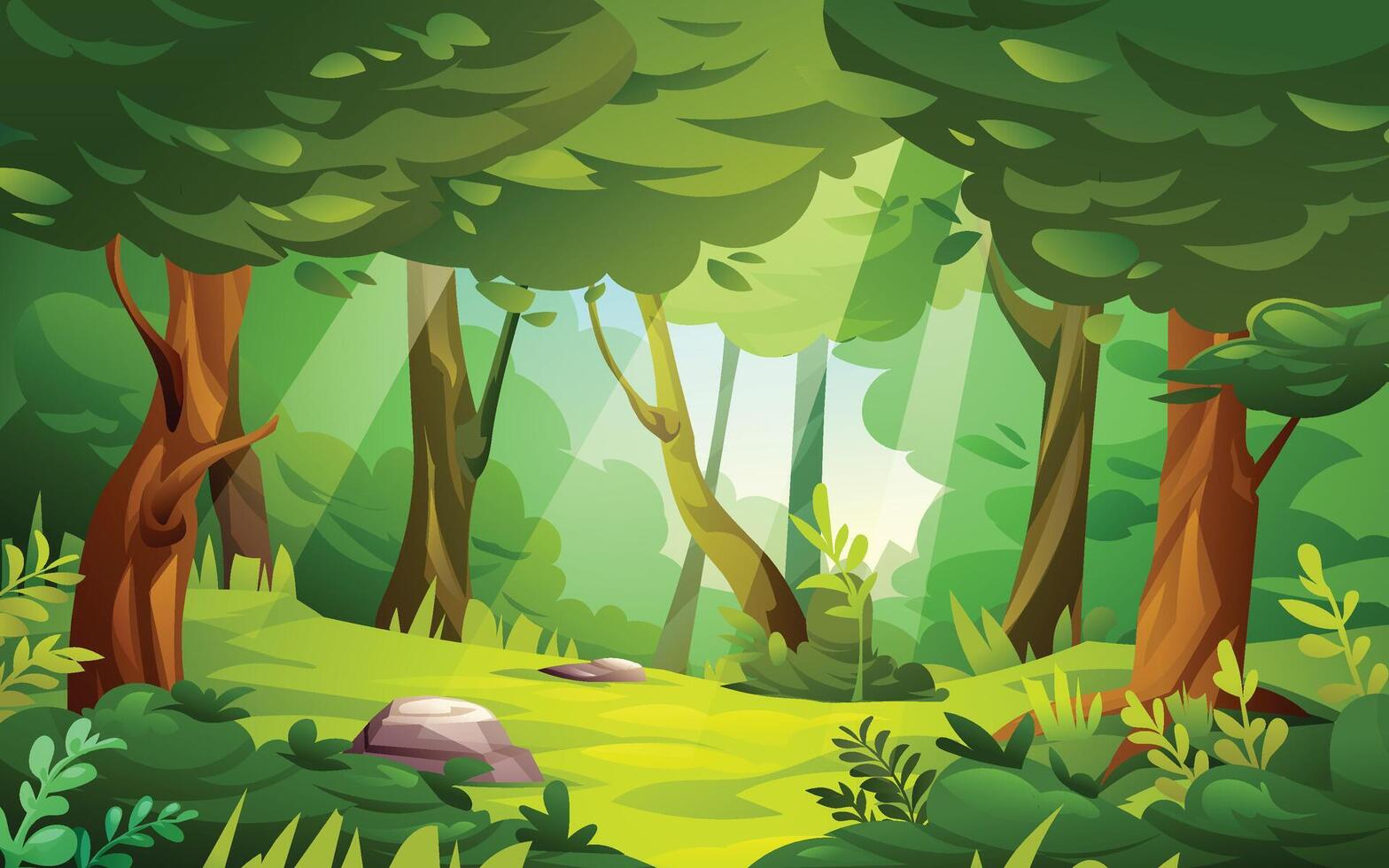 Forest with foliage, trees, and bright sunlight filtering through the leaves. Cartoon landscape illustration vector
