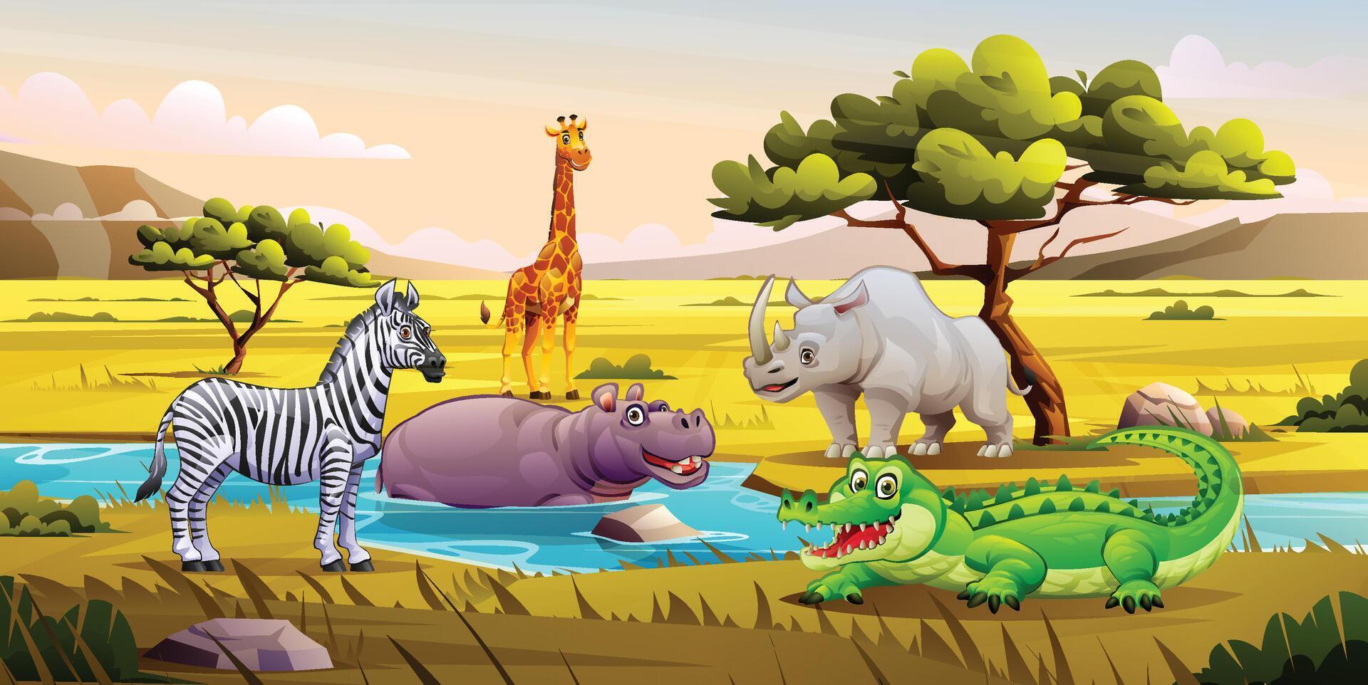 A zebra, hippo, rhino, giraffe, and crocodile in savanna landscape with river. Cartoon illustration vector