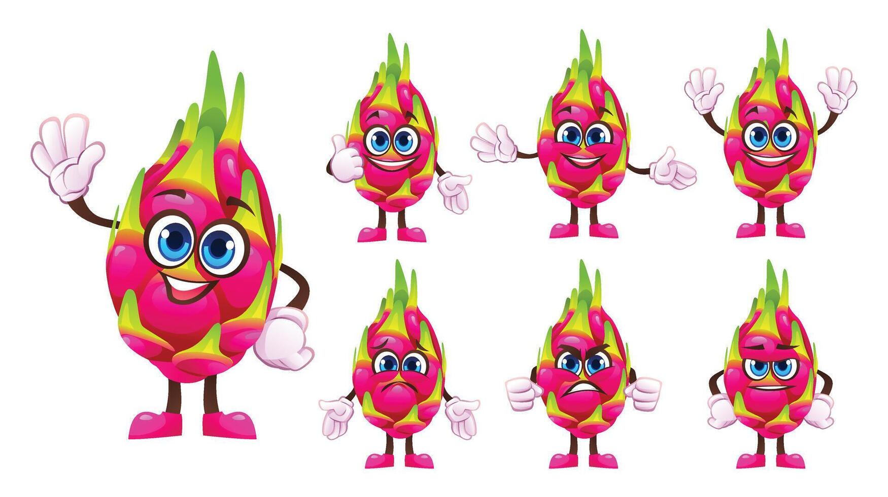 Set of cartoon dragon fruit characters showcasing different facial expressions and gestures. Illustration vector