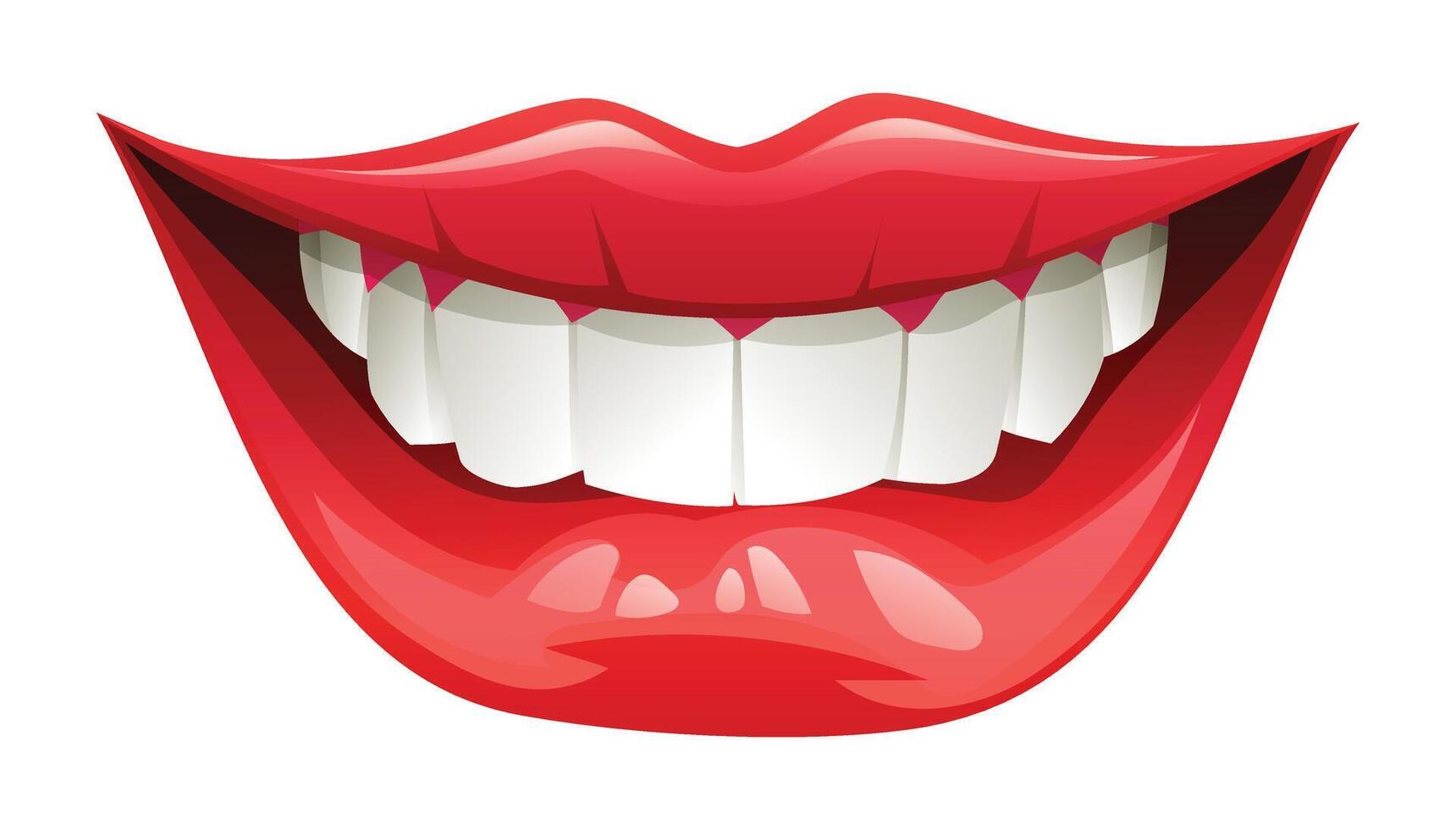 Smiling mouth with white teeth and red lips, close up, slightly biting the lower lip. cartoon illustration vector
