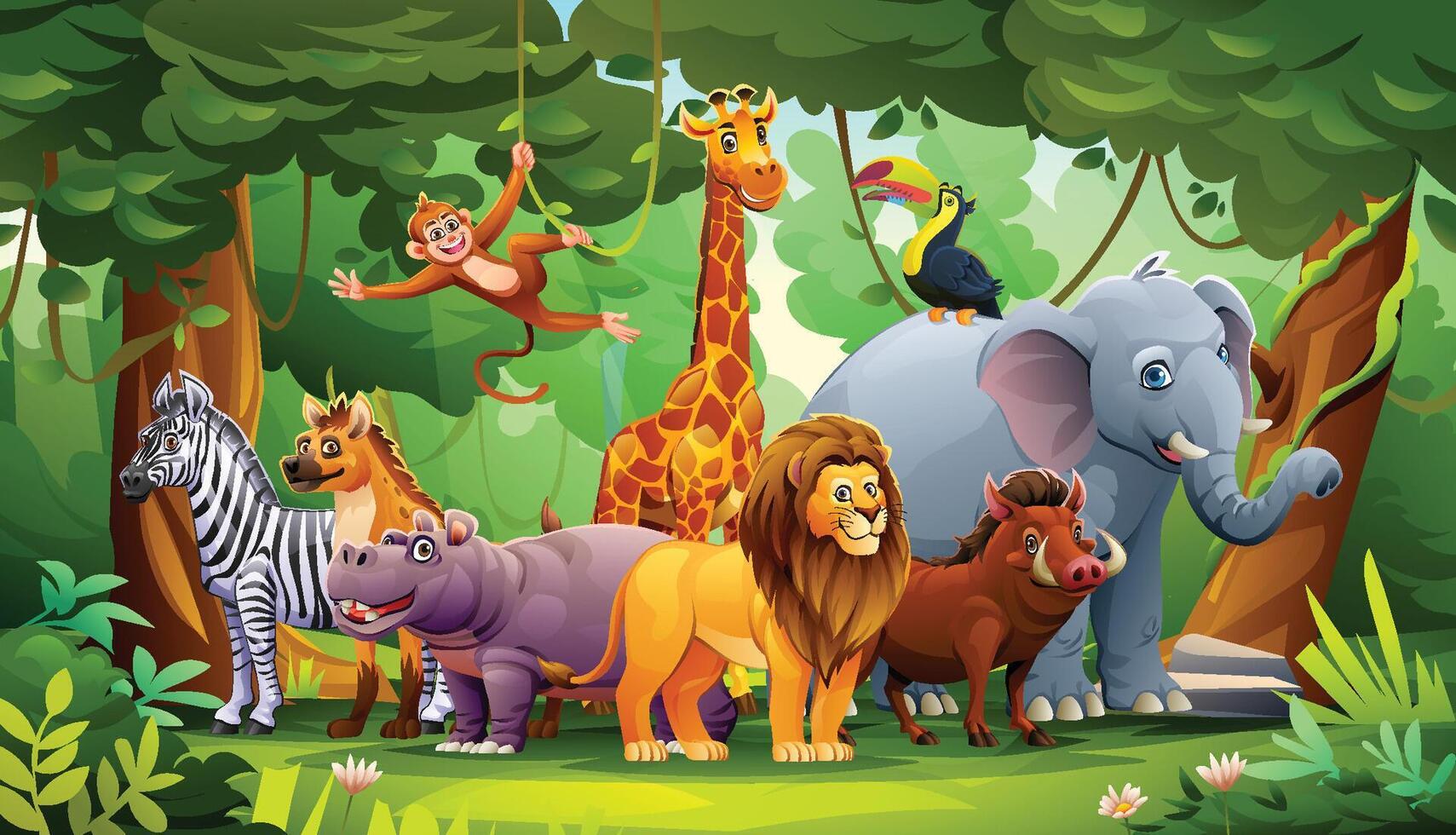 Playful jungle scene with various animals including giraffe, monkey, zebra, and lion. Cartoon illustration vector
