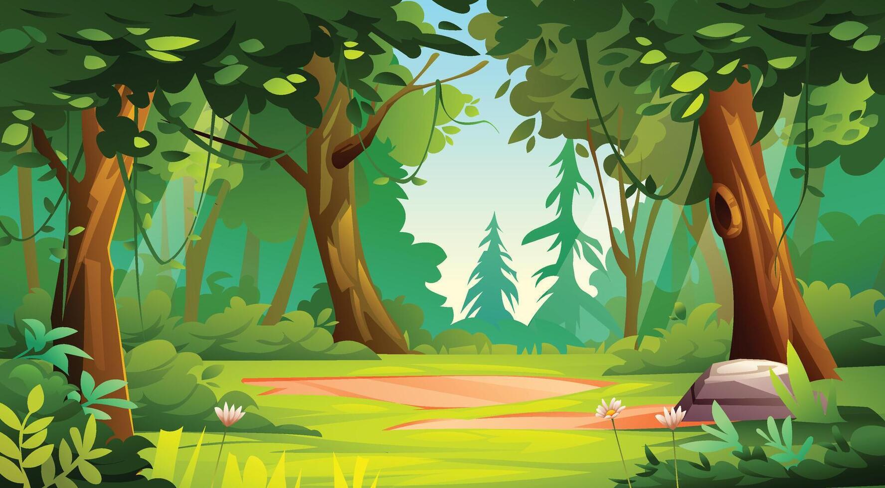 Peaceful forest landscape with trees and plants, offering a calm, serene setting. Cartoon illustration vector