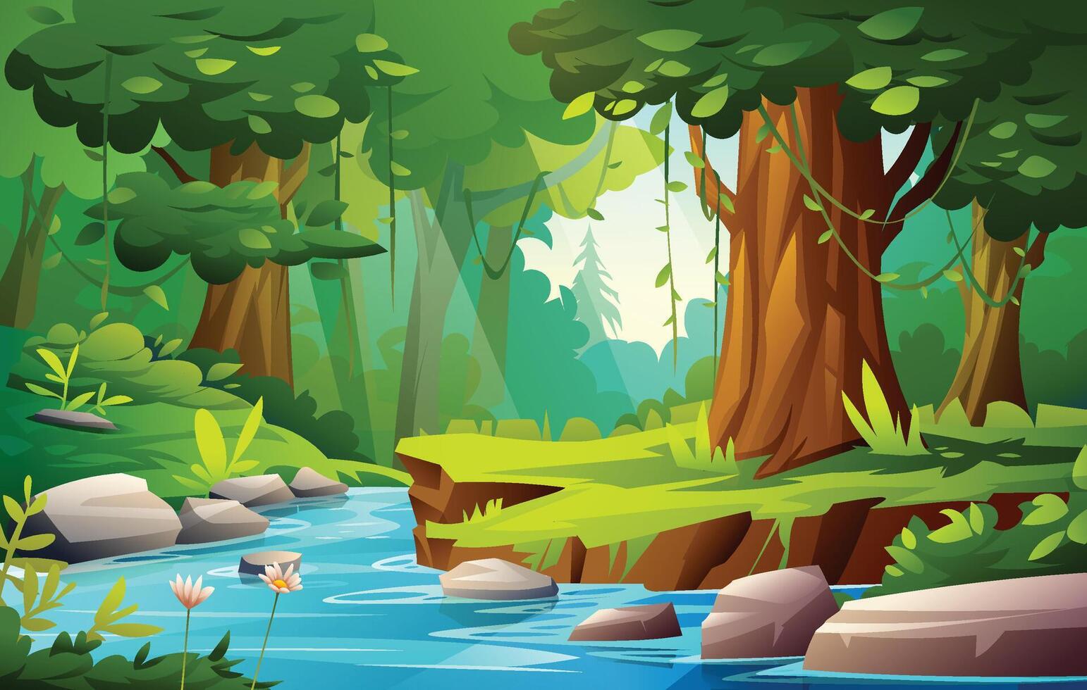 Jungle forest landscape with river, trees, and lush vegetation. Cartoon illustration vector