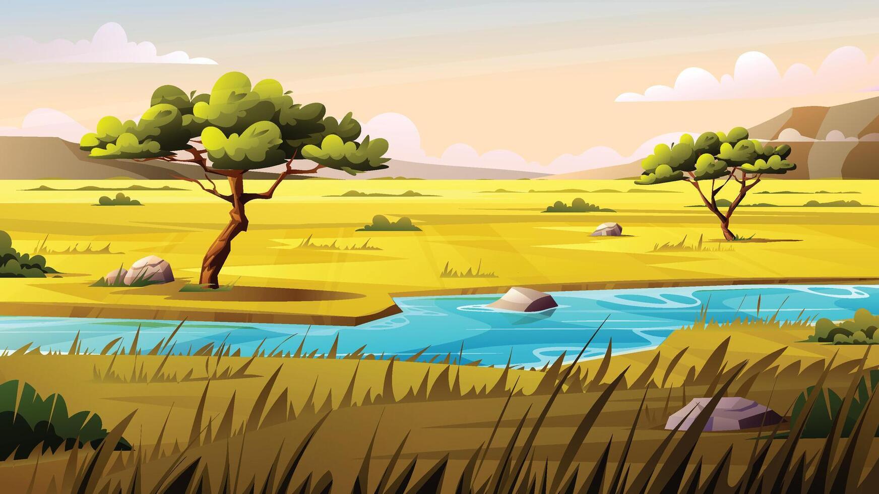 Savanna with trees and a river flowing through the plains. Cartoon landscape illustration vector