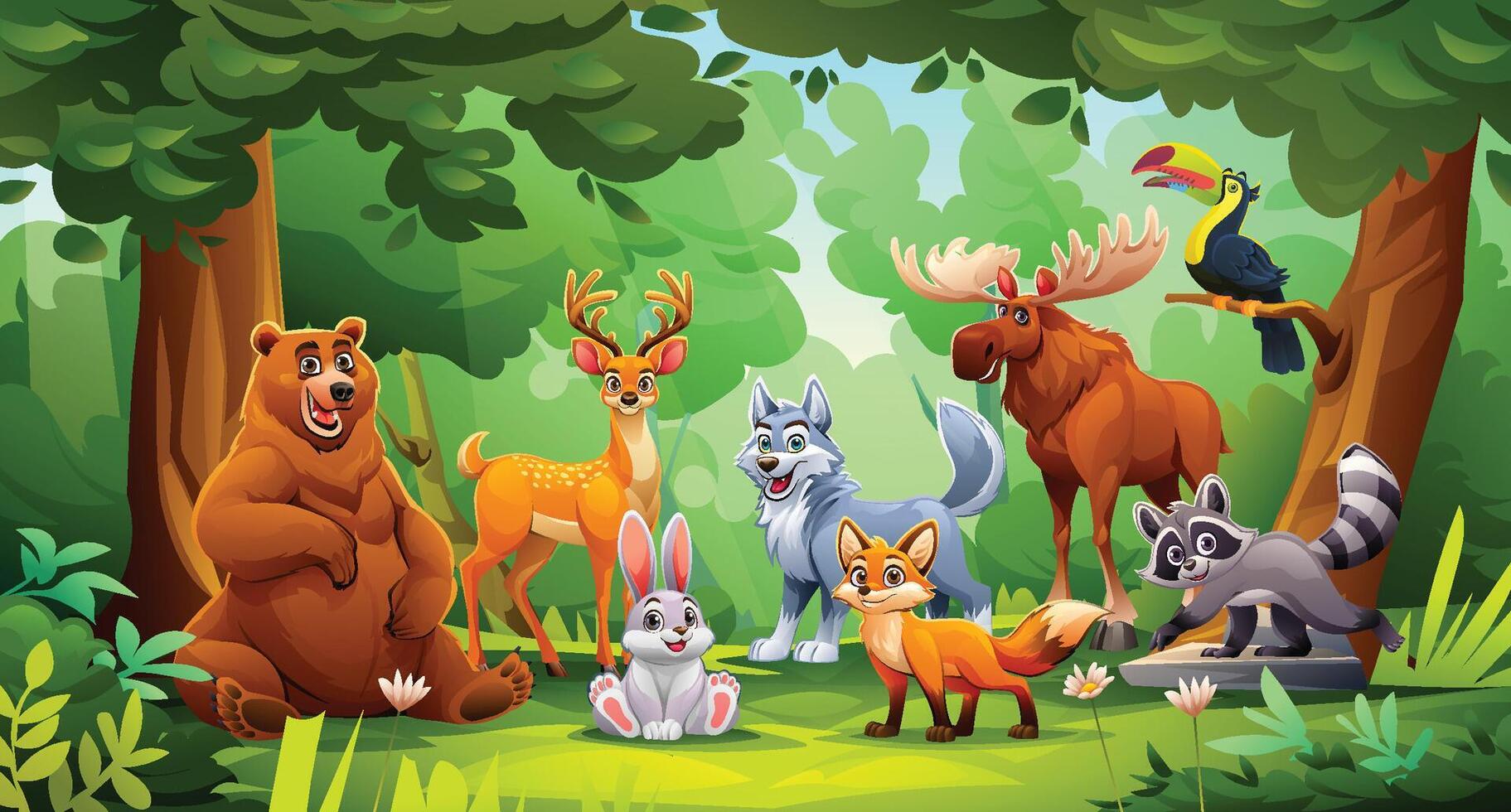 Jungle scene with cheerful animals like bear, wolf, deer, rabbit, and more. Cartoon illustration vector