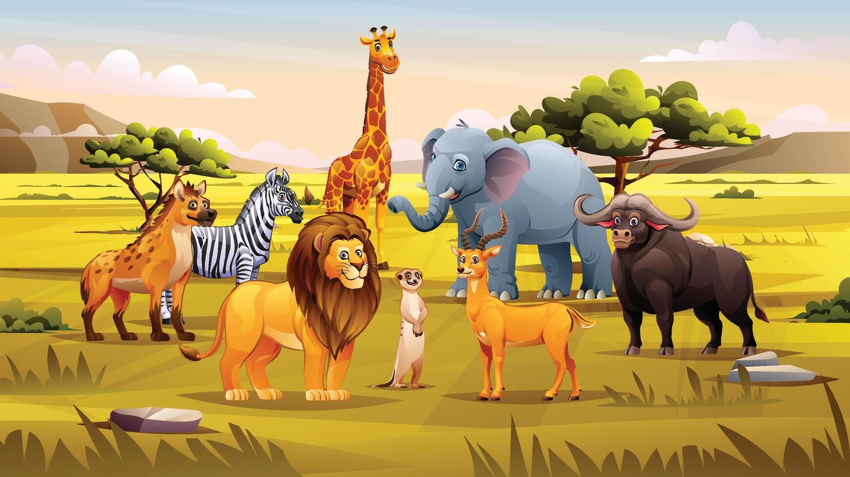 A group of animals including lion, hyena, giraffe, and elephant in the savanna under a clear sky. Cartoon illustration vector