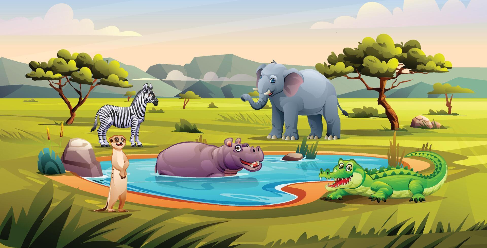 A zebra, elephant, hippopotamus, meerkat, and crocodile near a watering hole in the savanna. Cartoon illustration vector