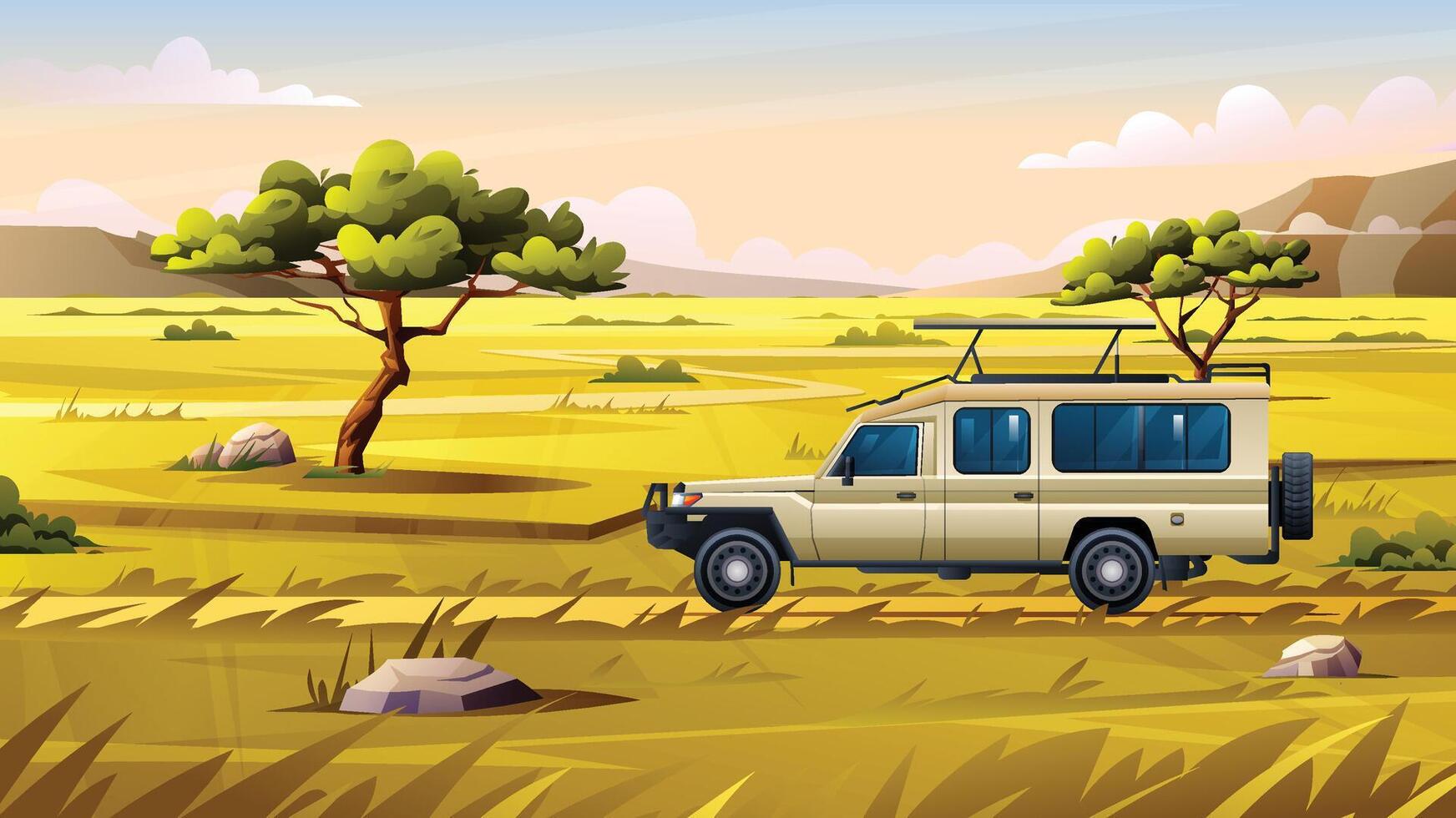 Safari vehicle driving through a savanna trail with trees and rocks along the way. Cartoon landscape illustration vector