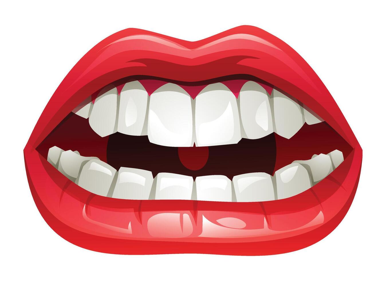 Close up of a mouth with red lips and white teeth, slightly open, showing an angry expression. Cartoon illustration isolated on white background vector