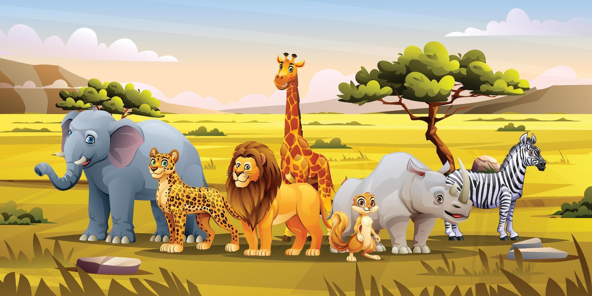 A group of animals including an elephant, lion, giraffe, zebra, rhino, and leopard gather in a savanna landscape under a clear sky. Cartoon illustration vector