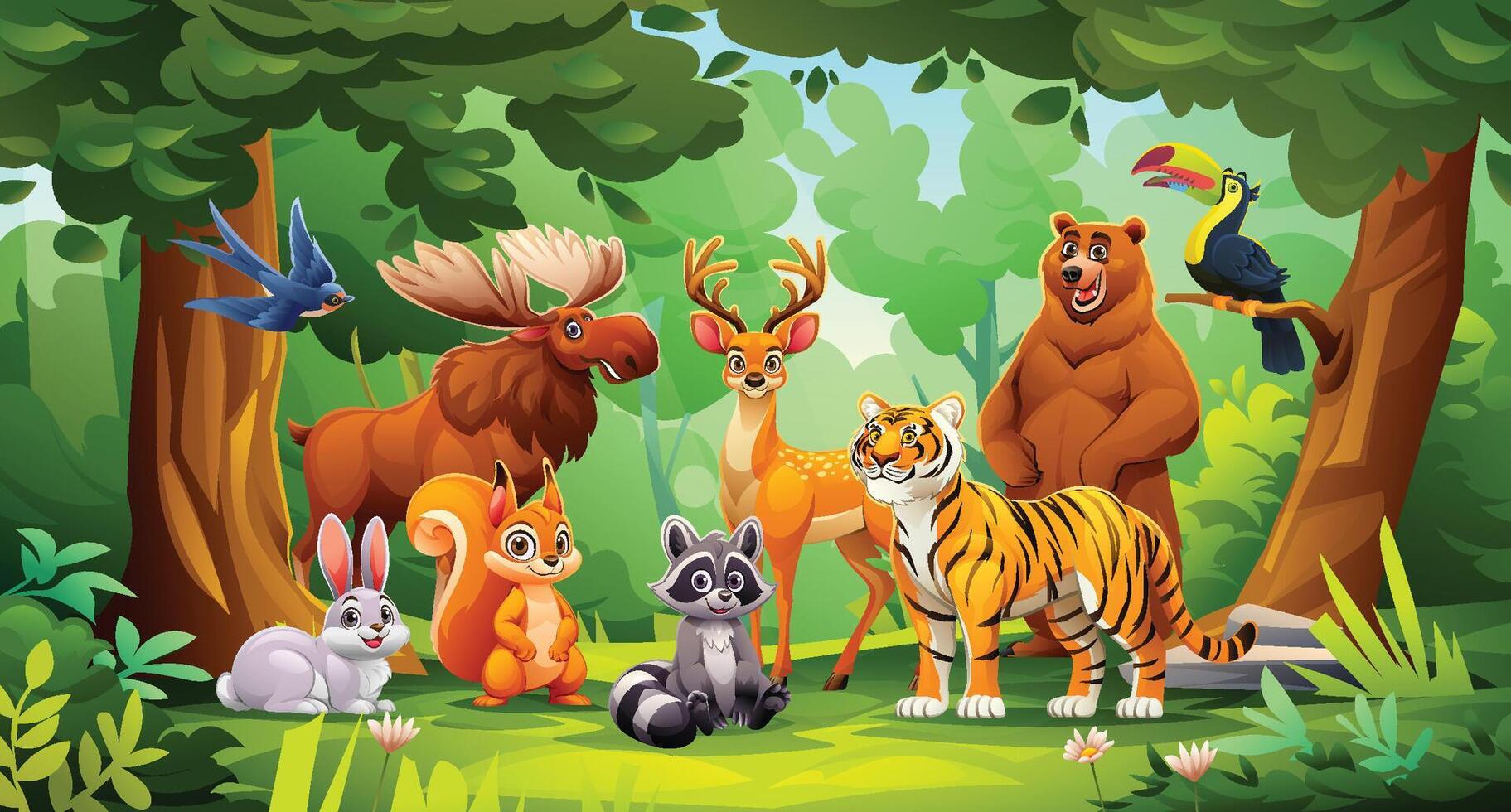 Cheerful jungle with various animals like tiger, bear, deer, rabbit, and raccoon. Cartoon illustration vector