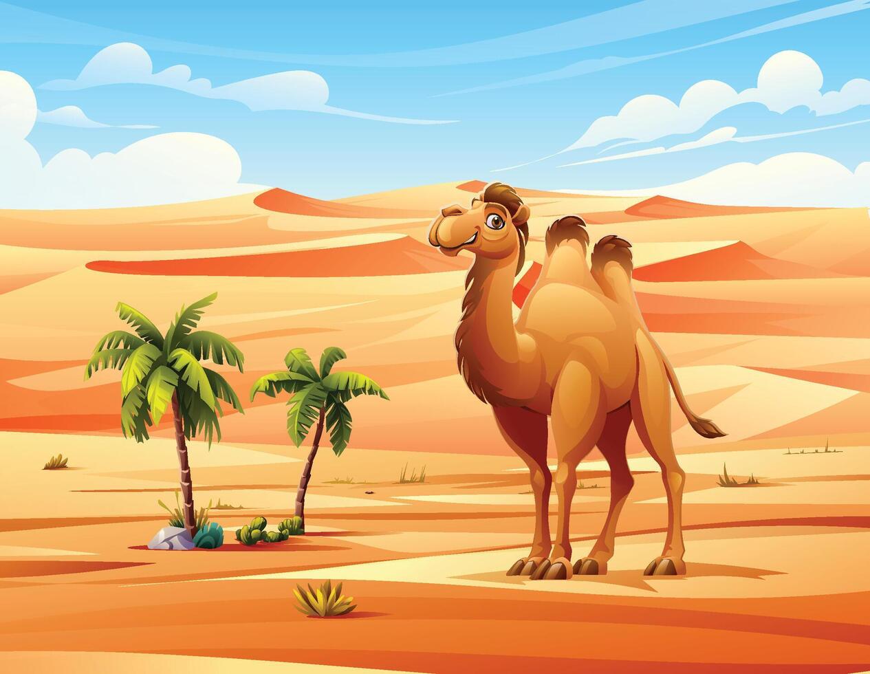 A camel standing in the middle of a desert with dunes, palm trees, and clear sky. Cartoon illustration vector