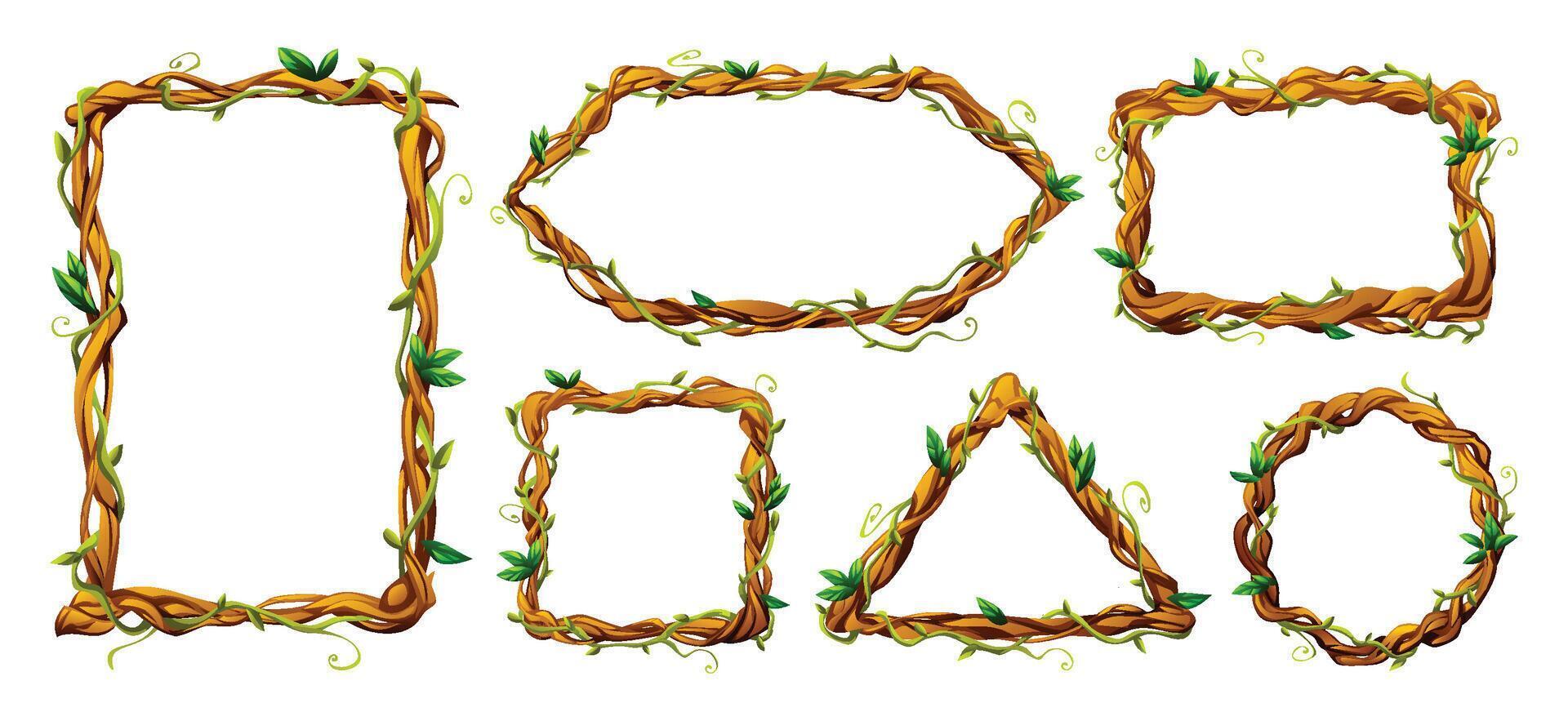 Liana vine frames featuring different shapes with leaves and natural textures. Perfect for nature inspired graphics. Cartoon illustration vector