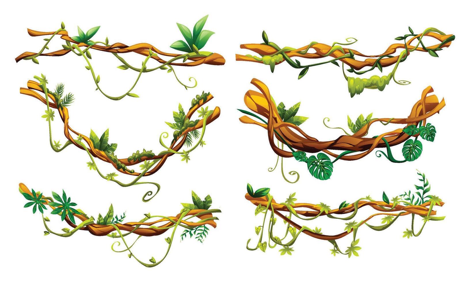 Jungle liana vines with intertwined branches and lush leaves, ideal for natural and botanical design themes. Cartoon illustration vector
