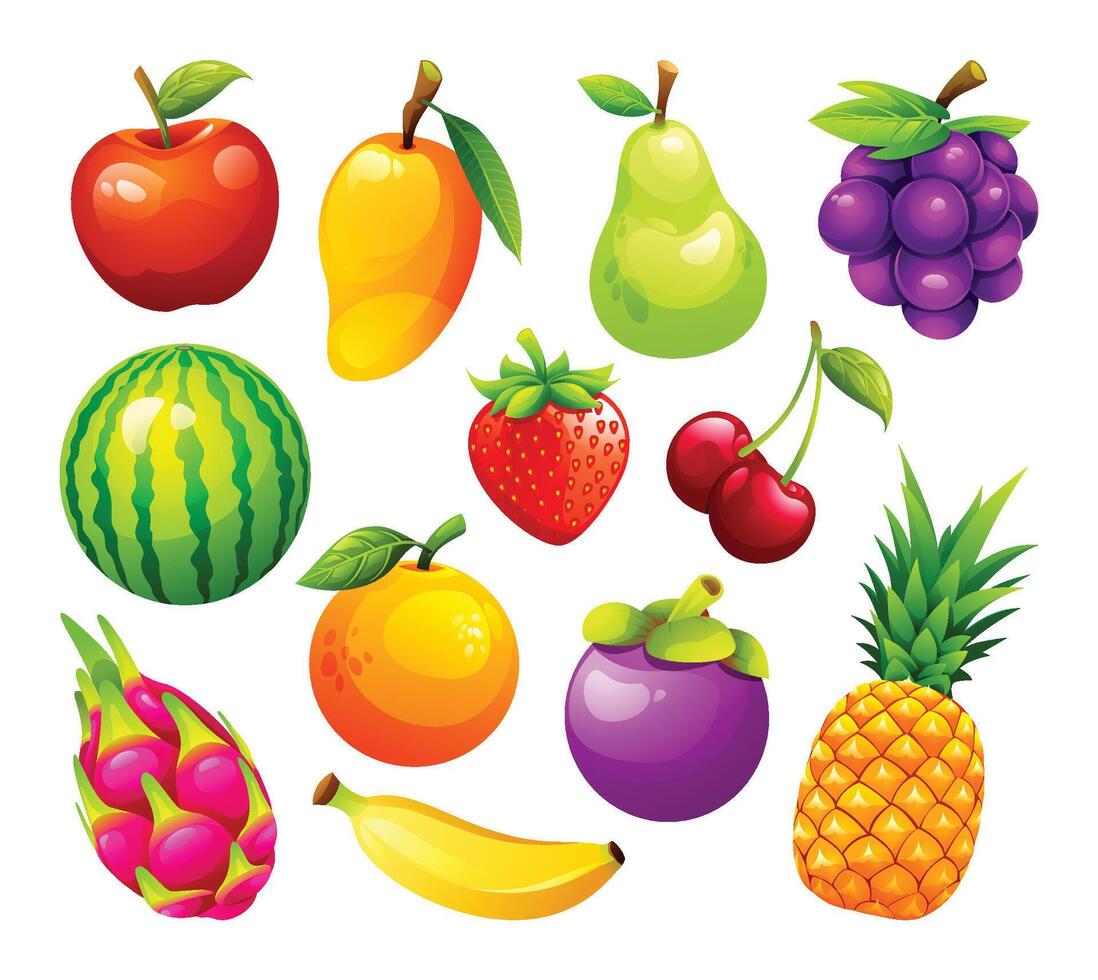 Set of various fruits including apple, mango, watermelon, strawberry, and more. Cartoon illustration vector