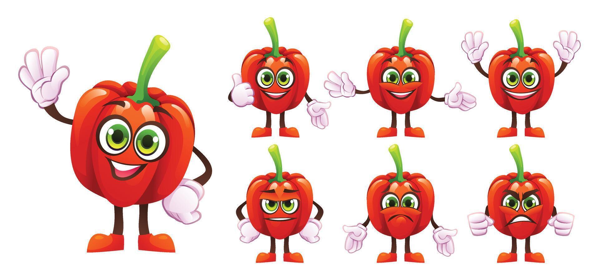 Set of cartoon paprika characters showing a variety of emotions and hand gestures. Illustration vector