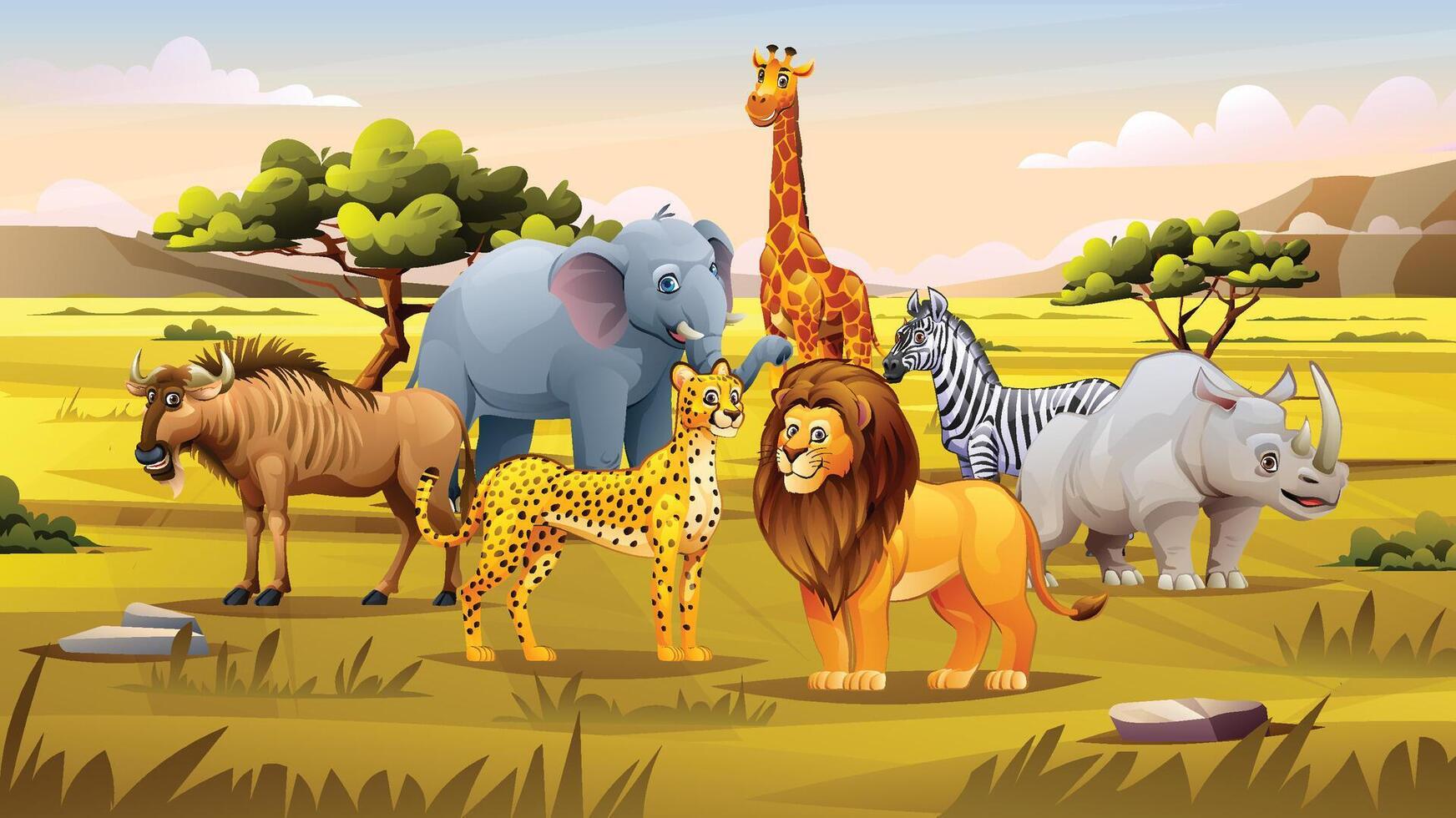 A group of animals including zebra, giraffe, lion, and elephant in the savanna under a clear sky. Cartoon illustration vector