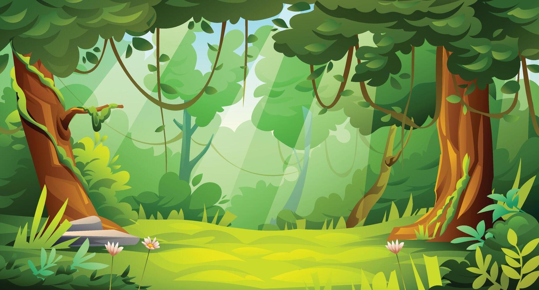 Jungle forest landscape with trees and vegetation. Cartoon illustration vector