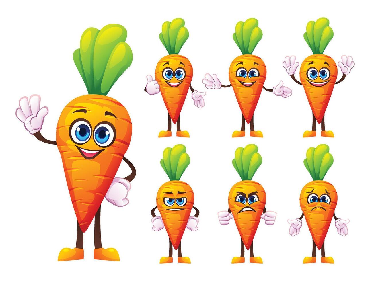 Set of cartoon carrot characters displaying different emotions and hand gestures. Illustration vector