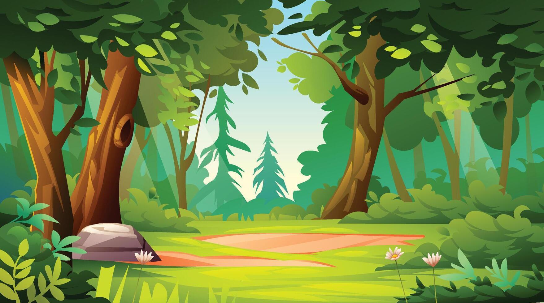 Peaceful forest scene with greenery, trees, and foliage in a bright, open area. Cartoon landscape illustration vector