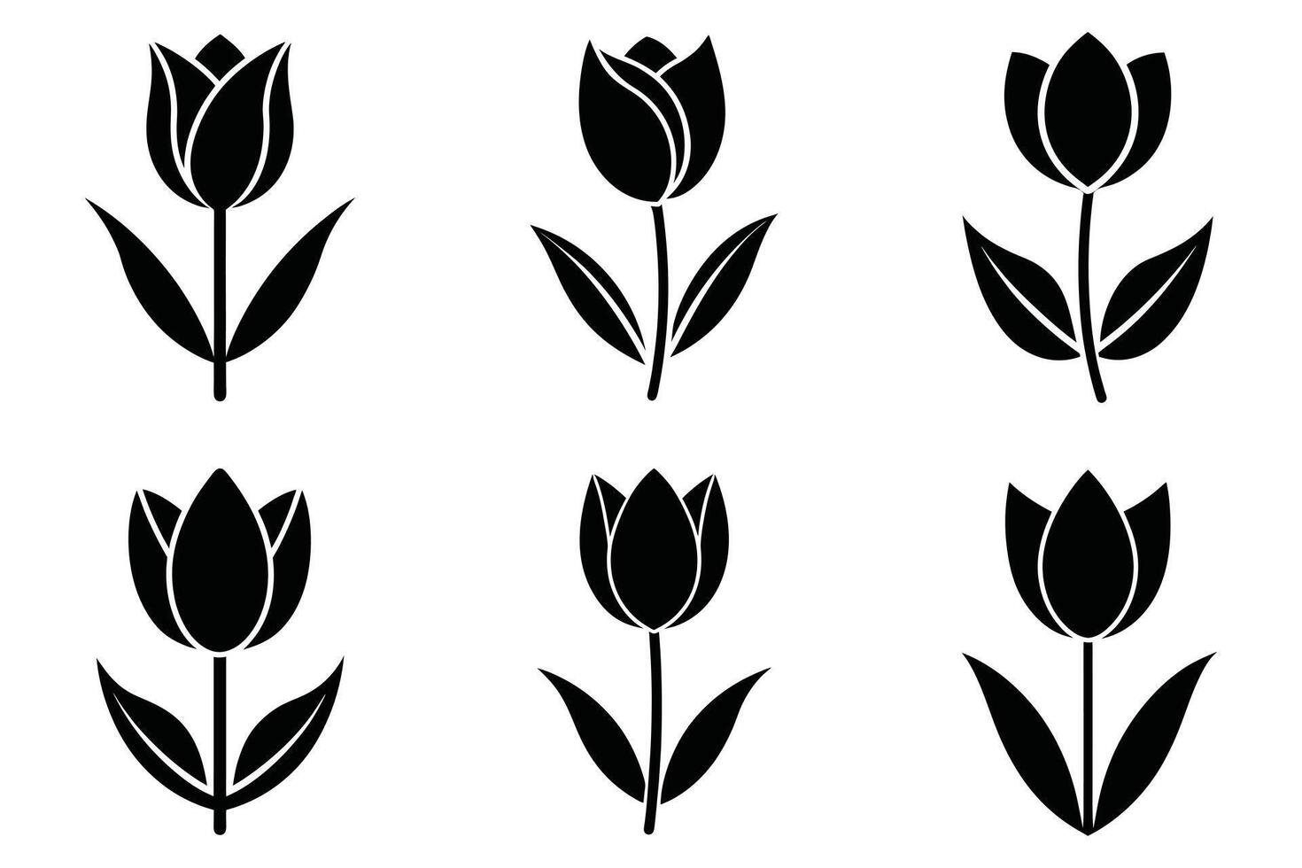 Set of Black and White Tulip Silhouettes vector