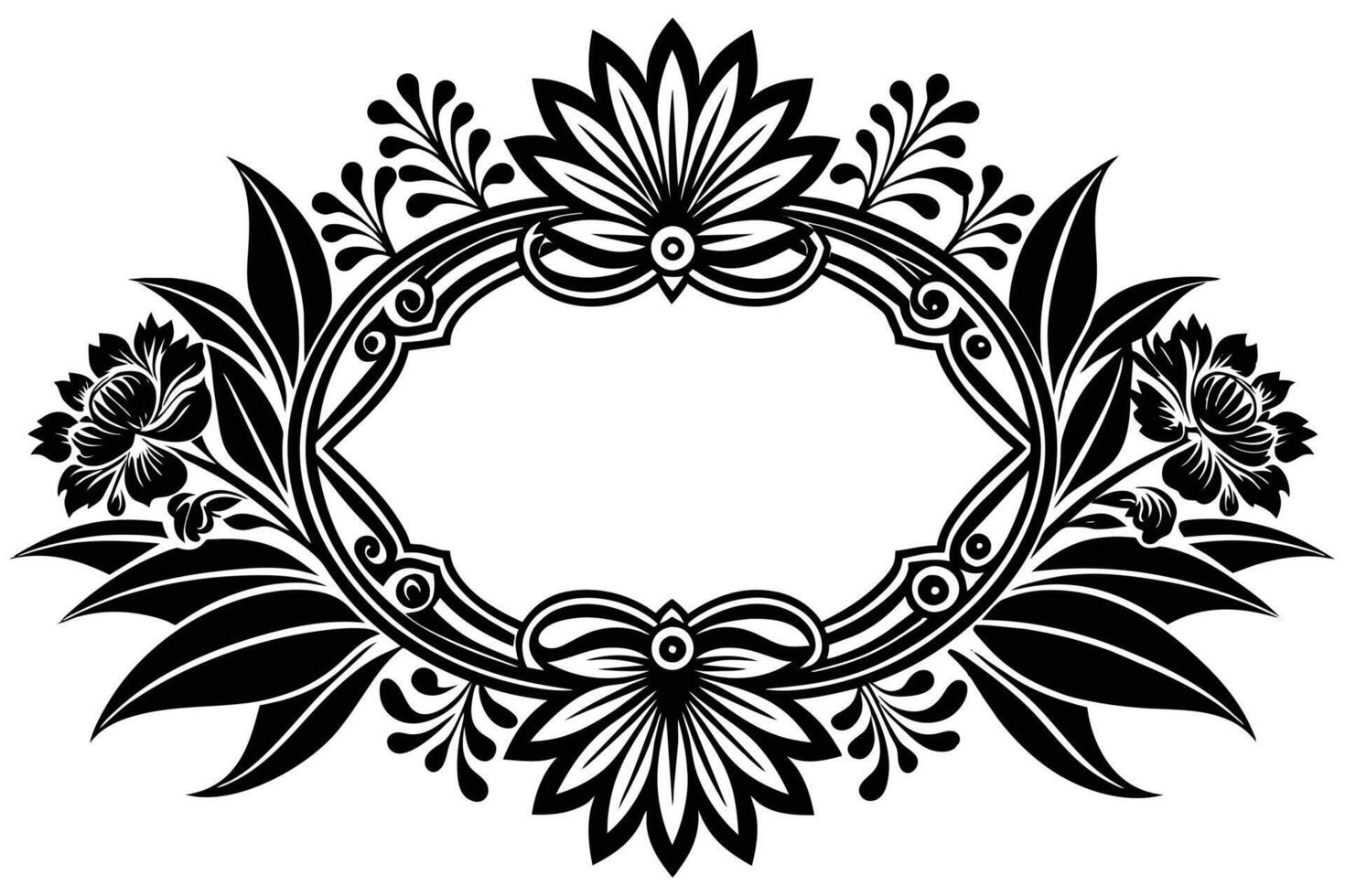 Ornate floral frame design in black and white. vector