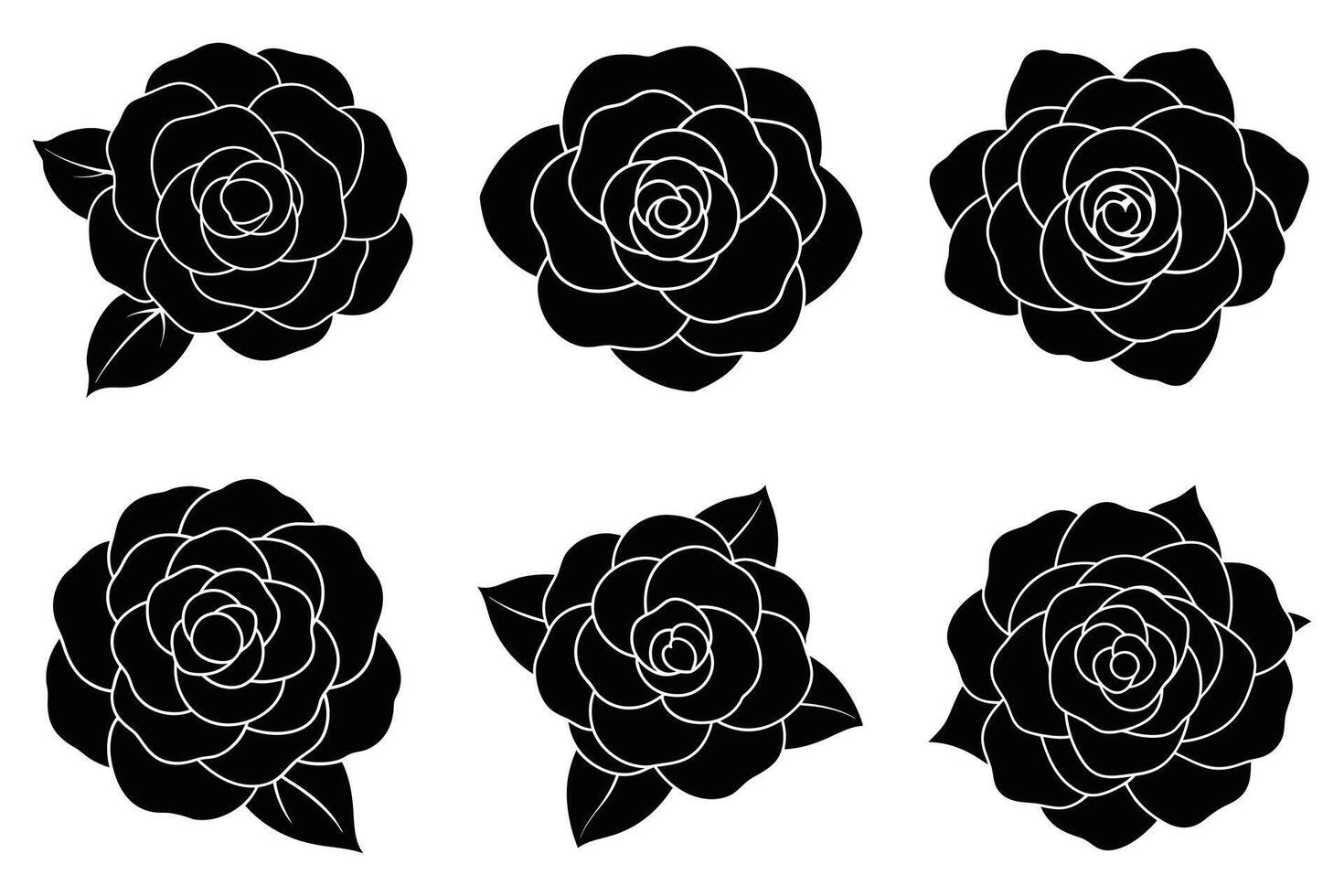 Six Black Silhouette Camellias with Slightly Curled Petals vector