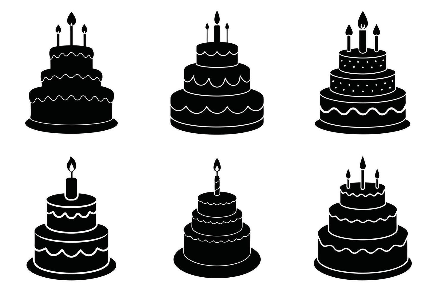 Six Simple Black and White Birthday Cake Silhouettes vector