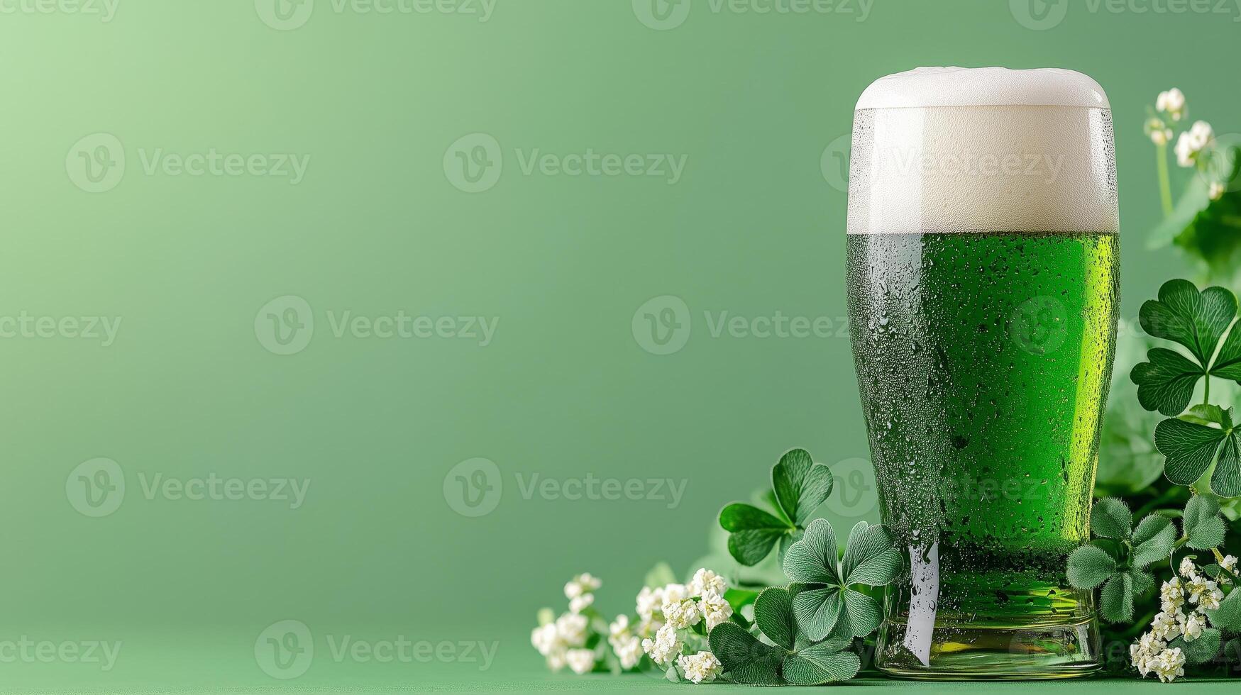 Refreshing green beer with shamrocks and dew on st. patrick's day celebration photo