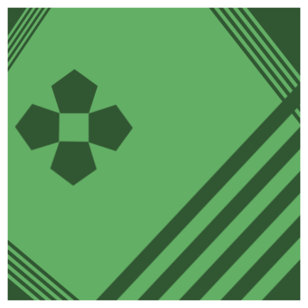 The image features a geometric green background with dark green elements, including diagonal lines and a four-petal floral shape, creating a modern and structured design. png