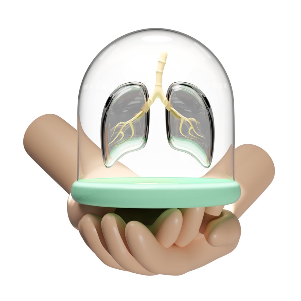 3d hand with glass dome, human realistic lung transparent isolated. world pneumonia day, check lung health, organs concept, 3d illustration render png