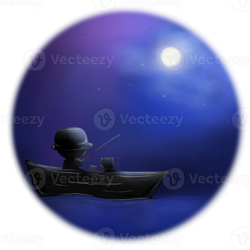 A man and a cat fishing in a boat under moonlight illustration png