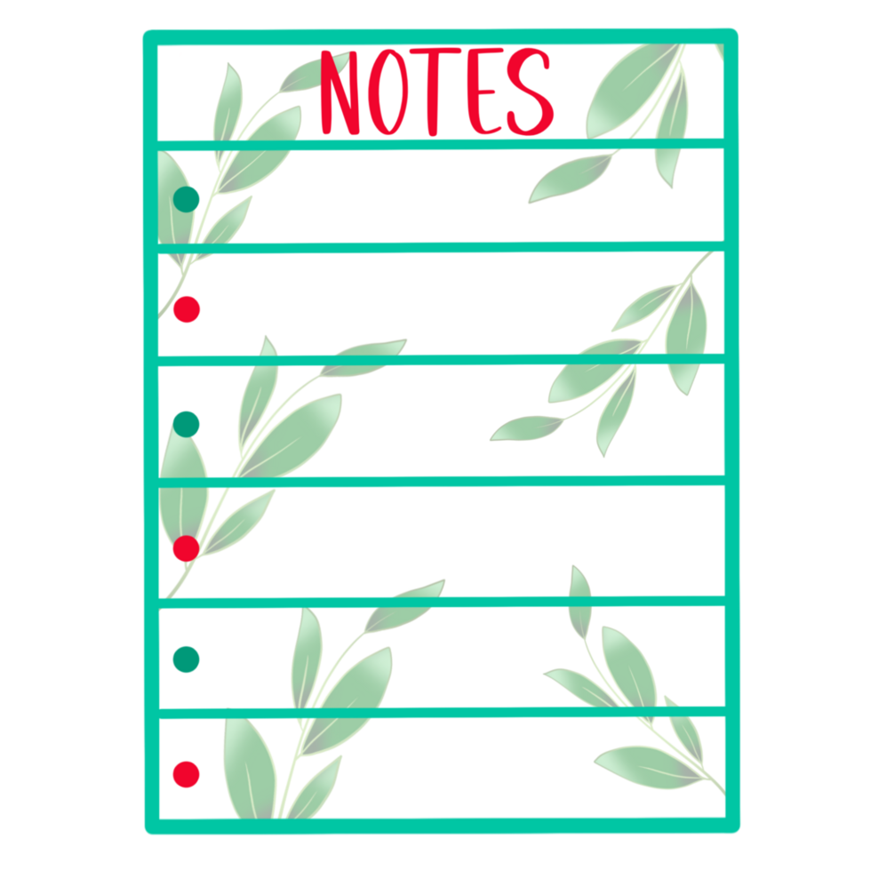 Notes on a green leafy lined paper with dot points png
