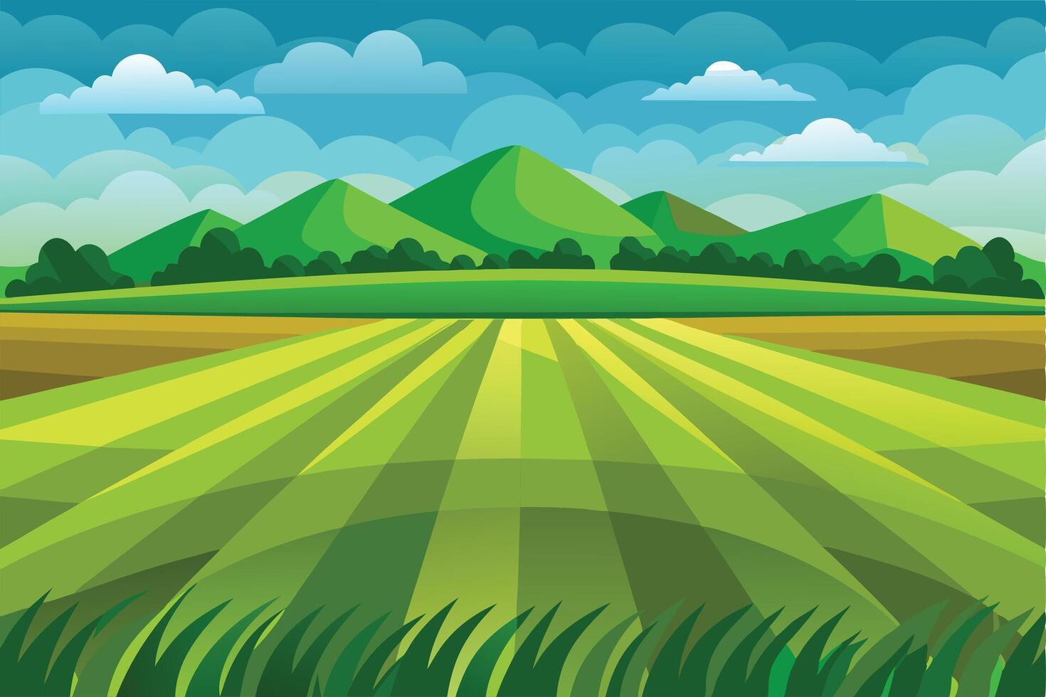 Serene Countryside Landscape with Lush Fields and Mountains vector
