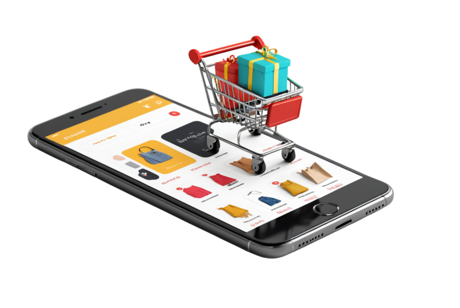 Smartphone displaying an online shopping app with a cart ready for payment png