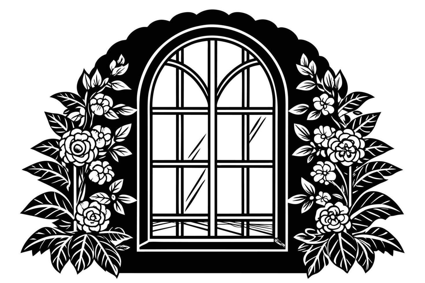 Ornate Black and White Window Design with Floral Accents vector
