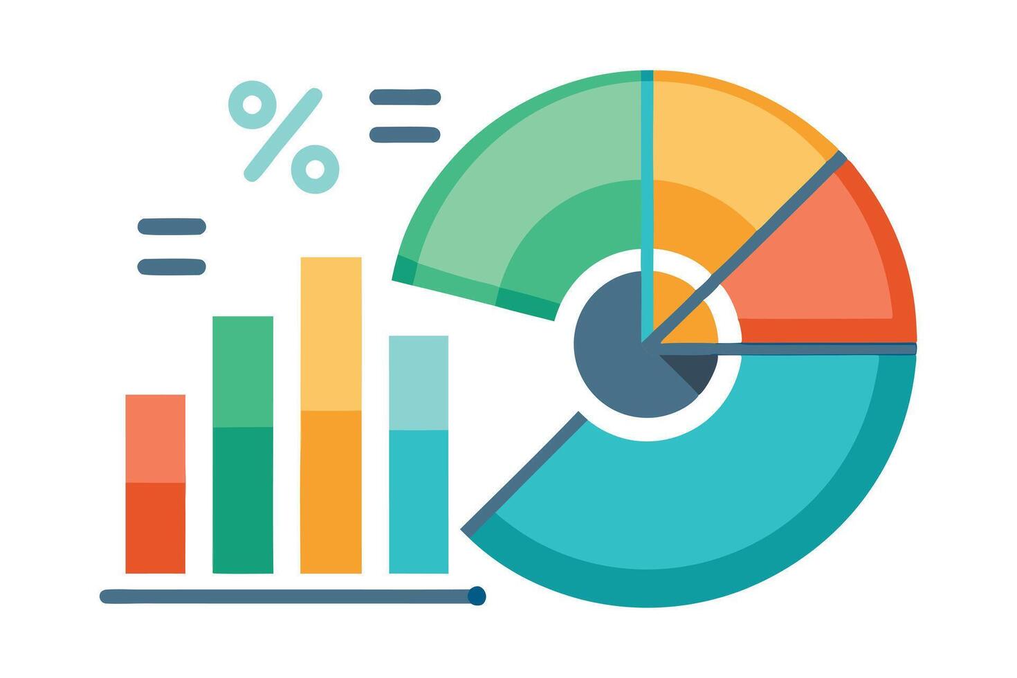 Colorful pie chart and bar graph illustration for data analysis vector