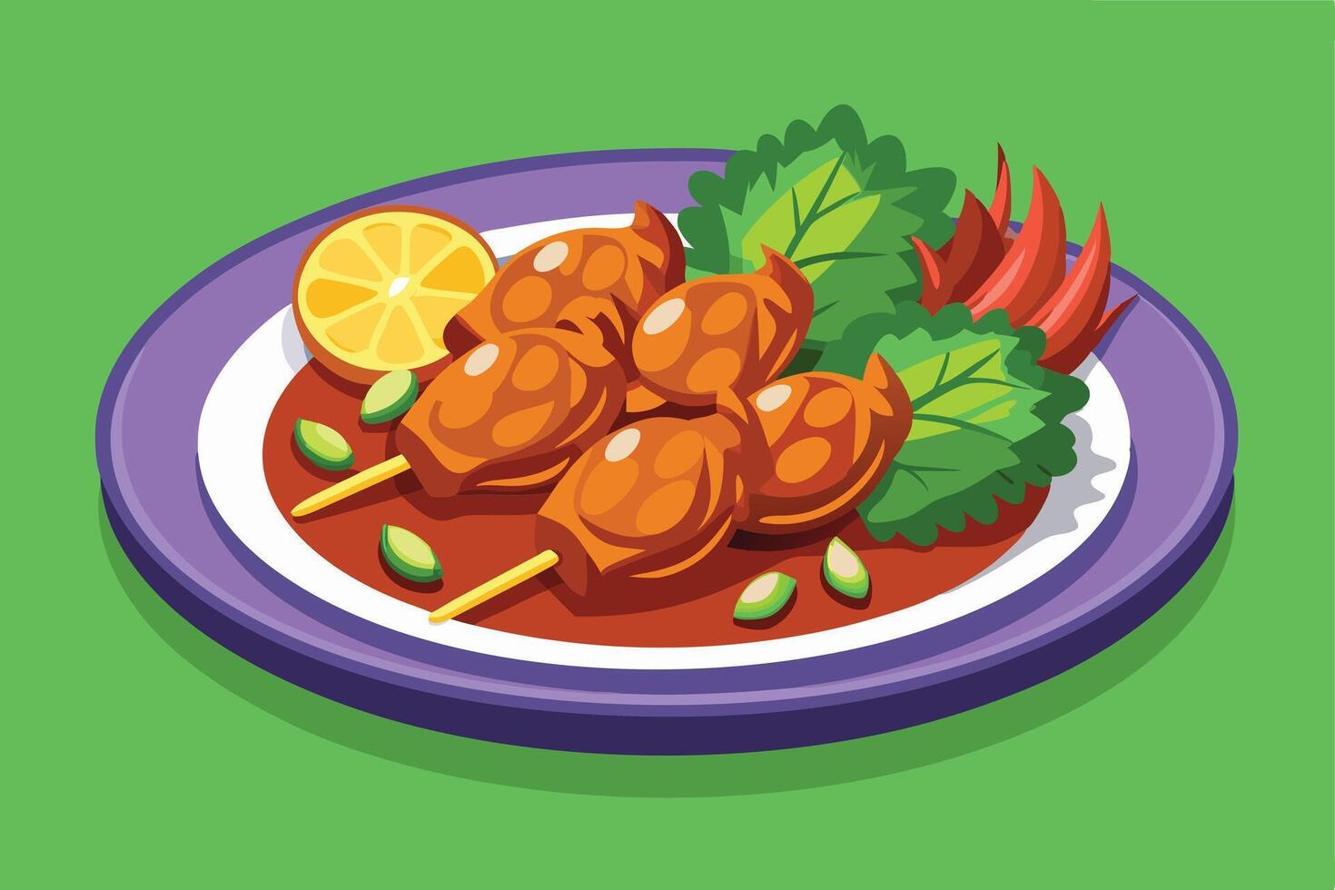 Delicious Asian style skewers on a plate ready to eat. vector
