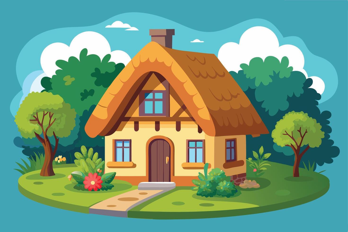 A Cartoon illustration of a charming thatched-roof cottage. vector