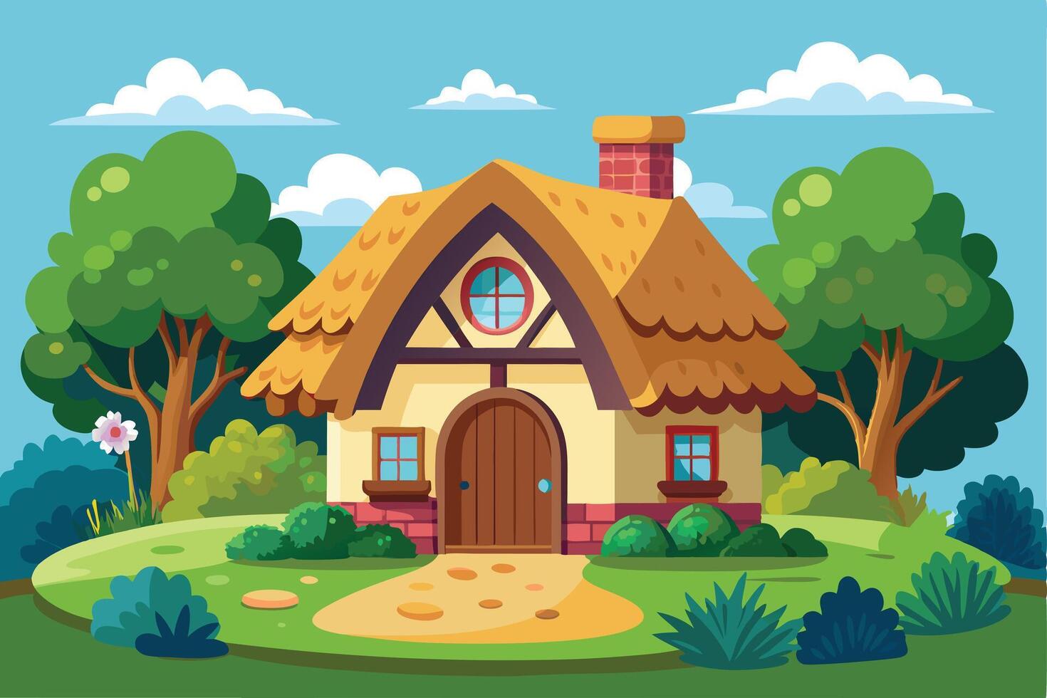 Cartoon illustration of a charming thatched-roof cottage. vector