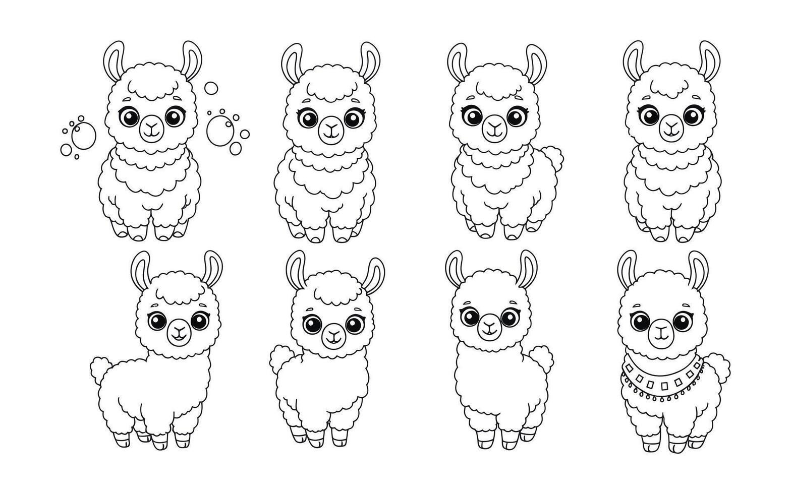 Collection of cute cartoon llama or alpaca illustrations in black and white vector