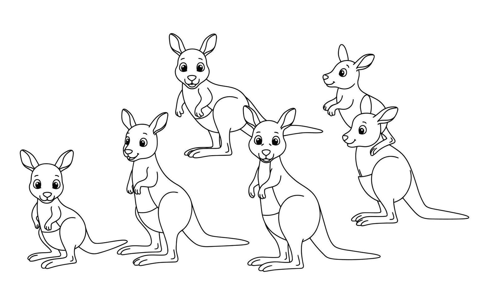 A group of adorable kangaroos in a black and white cartoon illustration vector