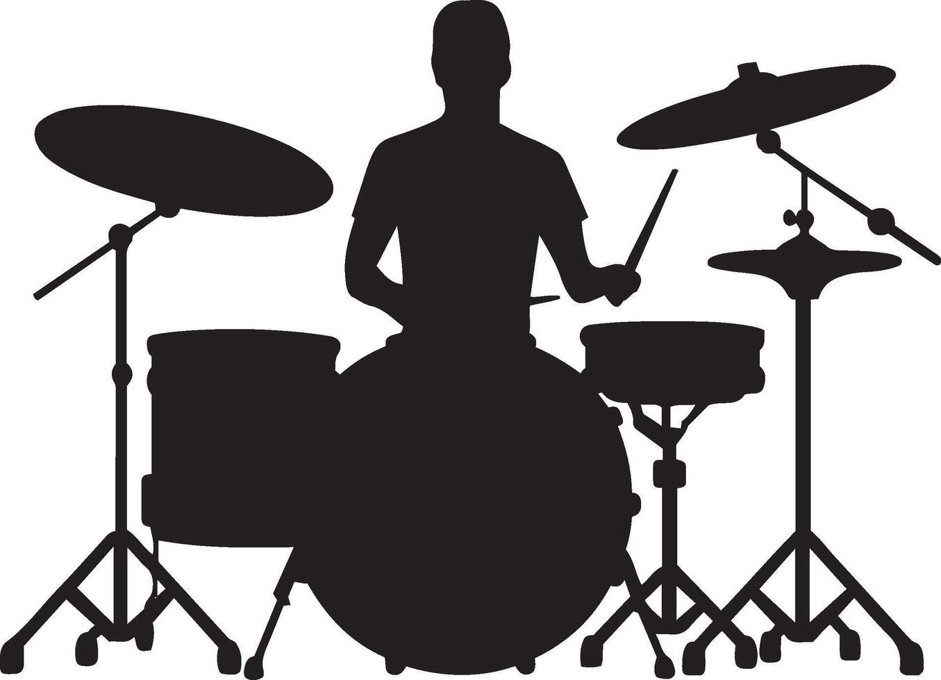 A dynamic silhouette of a drummer playing a drum kit. vector